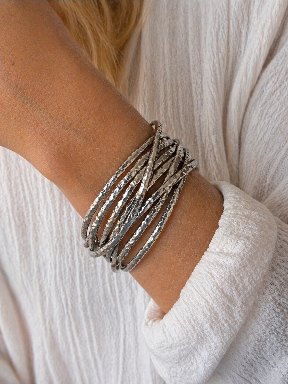 Silver Twisted Hammered Multi-Bangle Bracelet Stack – The Limited